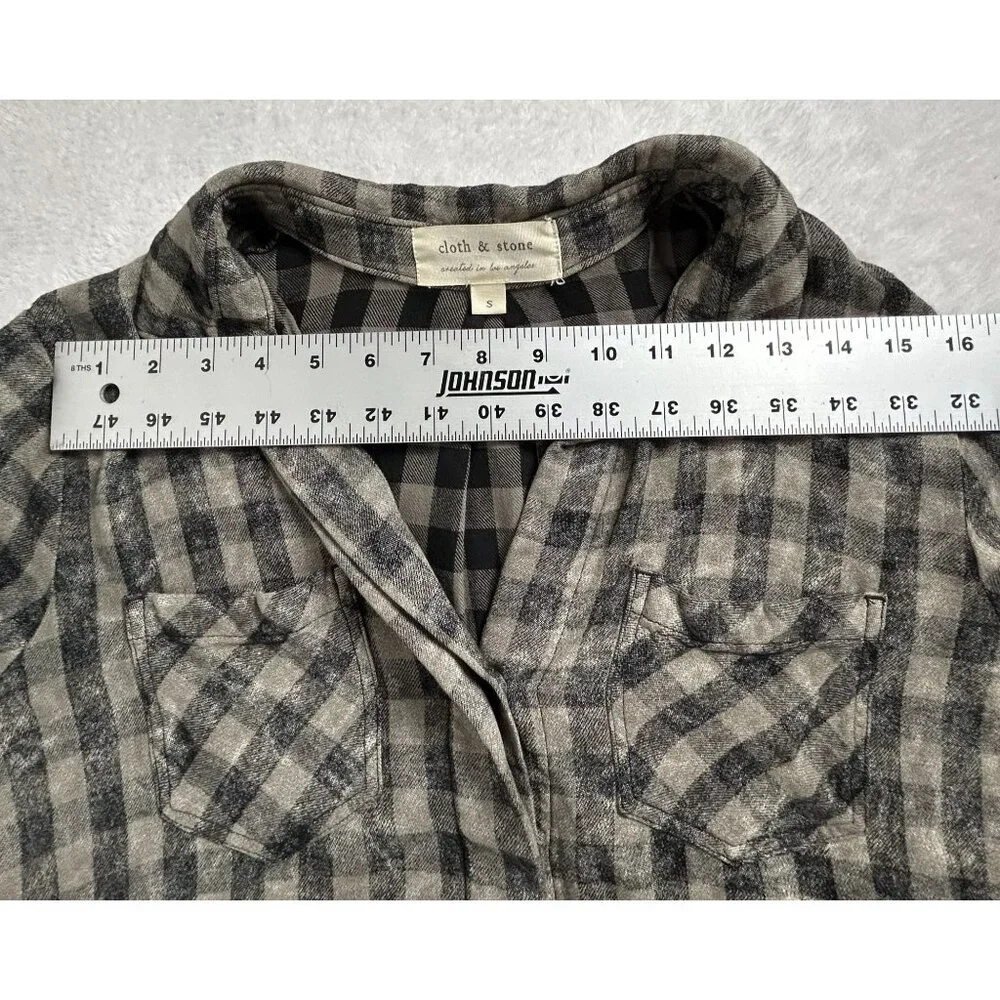 Cloth & Stone Womens Gray Black Checkered Fringe Trim Button Down Shirt Small - Picture 6 of 8